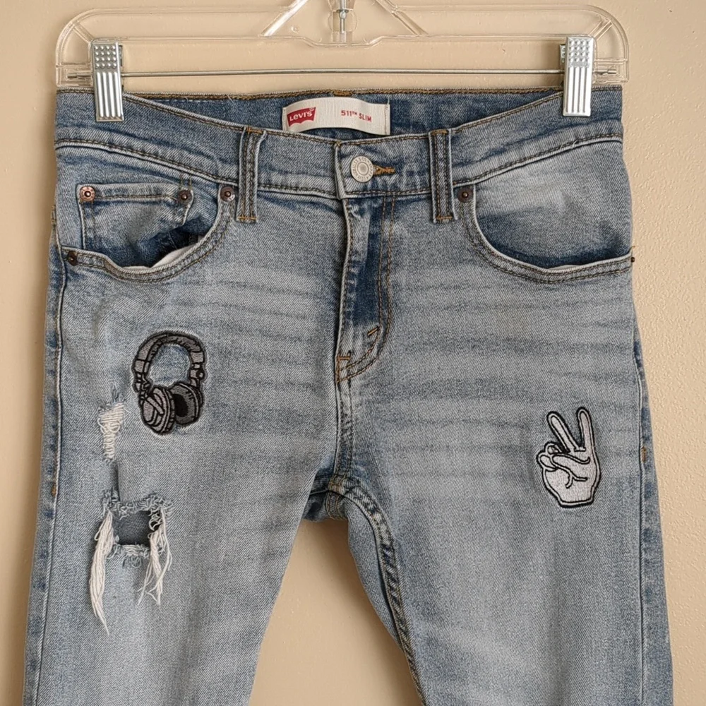 511 Slim Levi's Patch Jeans Light Wash Distressed (Kids Size 14 Regular)